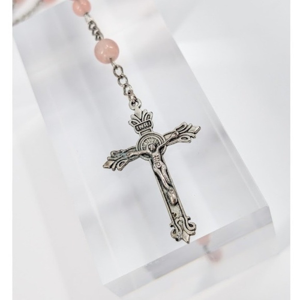 VTG Pink Bead Rosary Miraculous Medal Virgin Mary Silver Tone Crucifix Necklace - Picture 8 of 11